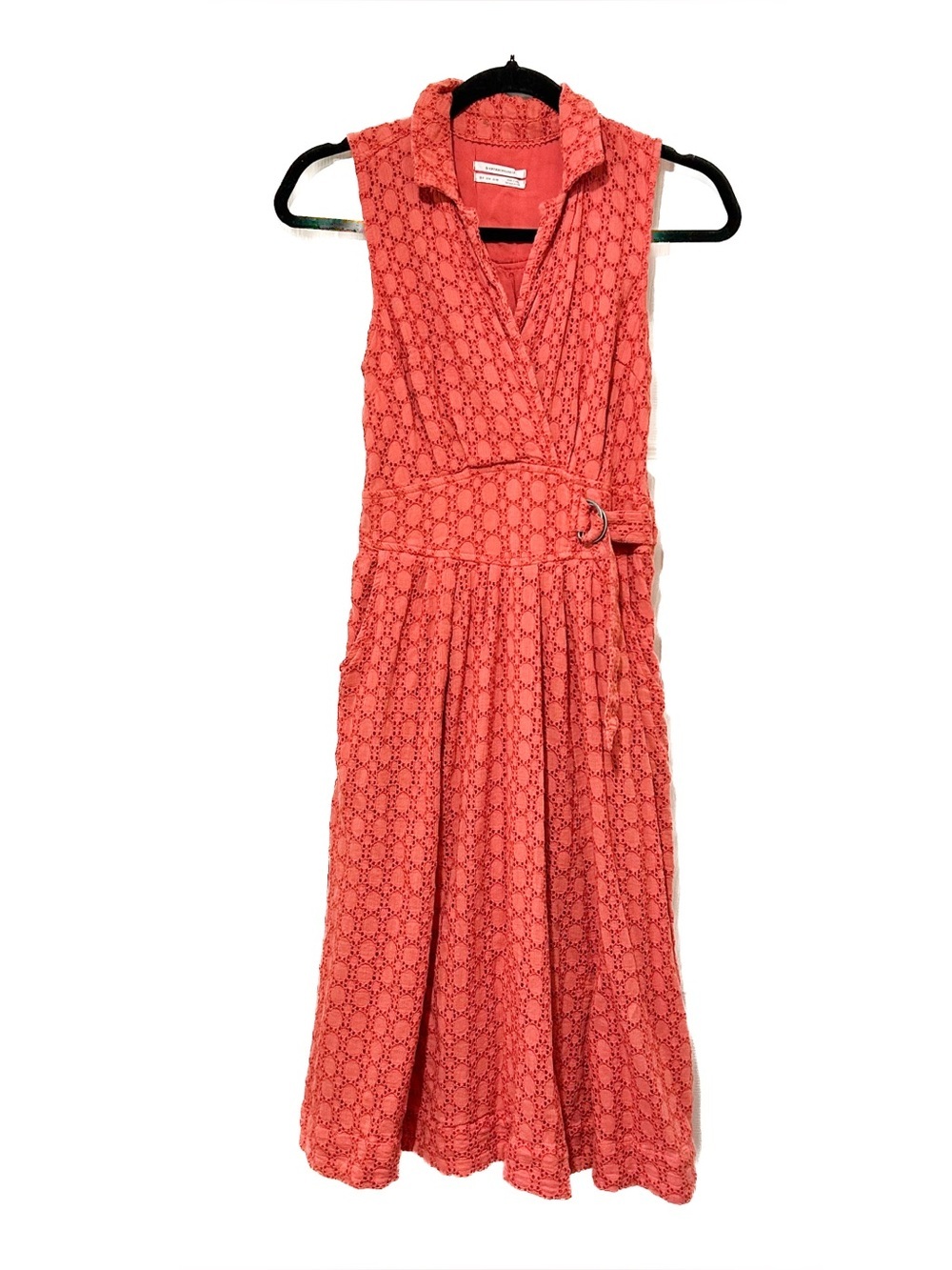 Anthropologie Elm Collared Dress Coral Lace Eyelet Wedding Guest Belted Midi Sz0